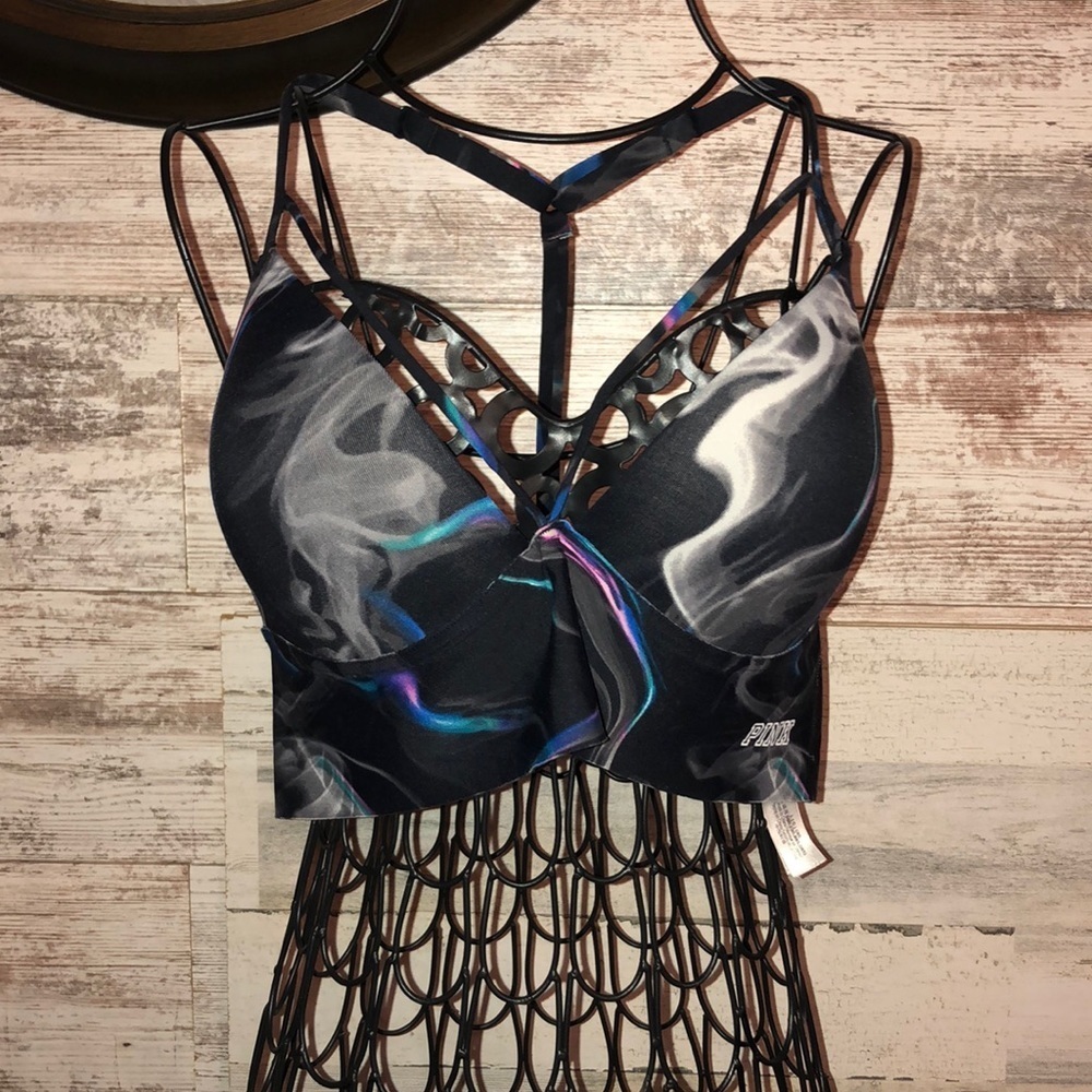 Pink Victoria’s Secret marble large bra smoky print crosses in the front…​